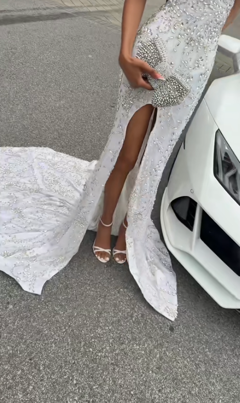 Pretty Silver Prom Dress Sheath Tulle Beaded Long Evening Dress DP08121