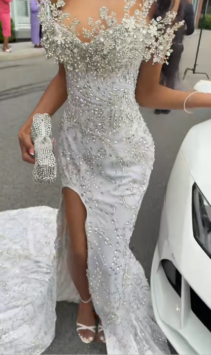 Pretty Silver Prom Dress Sheath Tulle Beaded Long Evening Dress DP08121