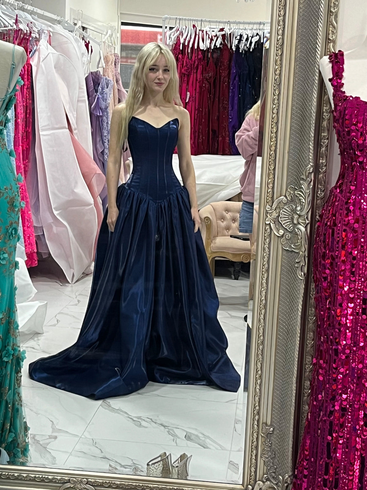 Pretty Navy Blue Prom Dress A-Line Satin Long Evening Dress DP08124