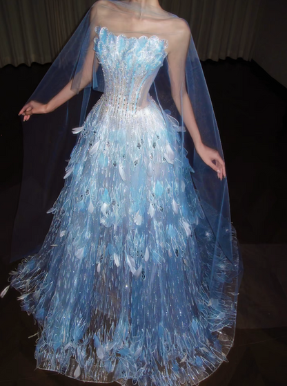 Pretty Blue Prom Dress A-Line Tulle Long Evening Dress DP08125