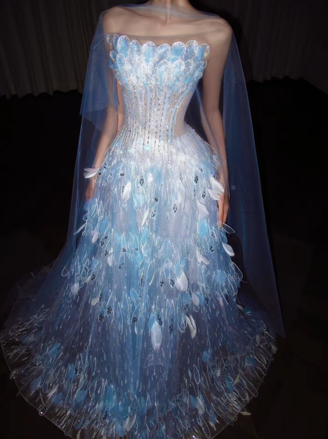 Pretty Blue Prom Dress A-Line Tulle Long Evening Dress DP08125