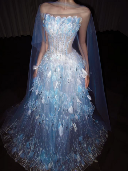 Pretty Blue Prom Dress A-Line Tulle Long Evening Dress DP08125