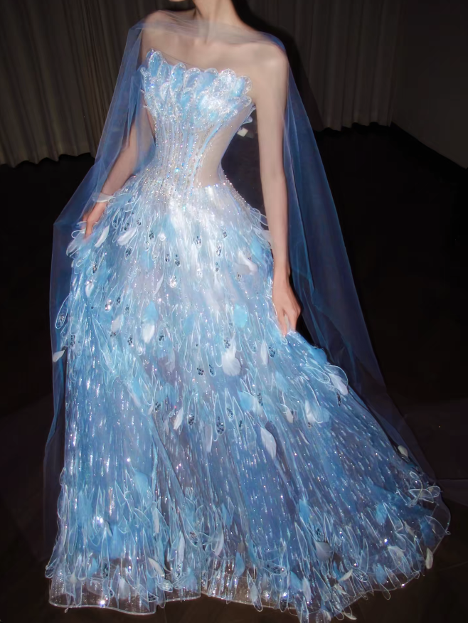Pretty Blue Prom Dress A-Line Tulle Long Evening Dress DP08125