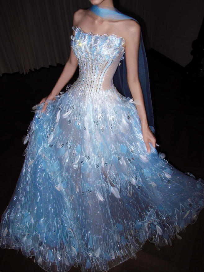 Pretty Blue Prom Dress A-Line Tulle Long Evening Dress DP08125