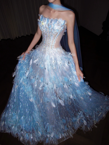 Pretty Blue Prom Dress A-Line Tulle Long Evening Dress DP08125