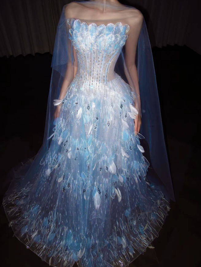 Pretty Blue Prom Dress A-Line Tulle Long Evening Dress DP08125