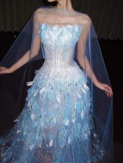 Pretty Blue Prom Dress A-Line Tulle Long Evening Dress DP08125