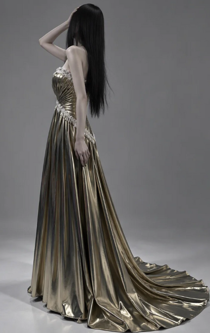 Pretty Gold Prom Dress Sheath Satin Long Evening Dress DP08127