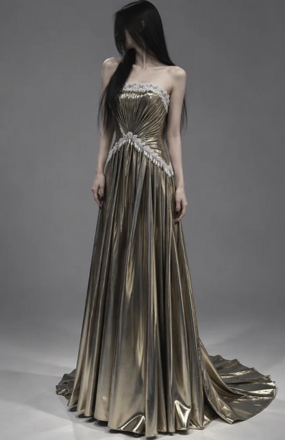 Pretty Gold Prom Dress Sheath Satin Long Evening Dress DP08127