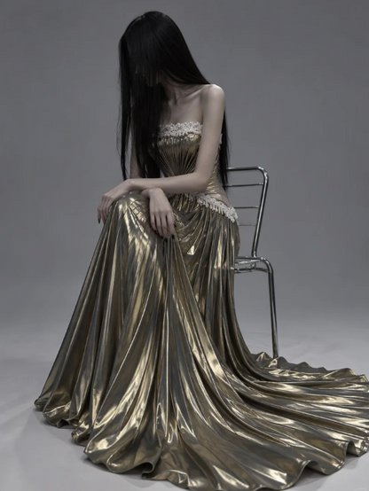 Pretty Gold Prom Dress Sheath Satin Long Evening Dress DP08127