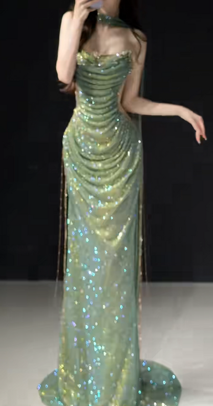 Pretty Green Prom Dress Sheath Tulle Long Evening Dress DP08128