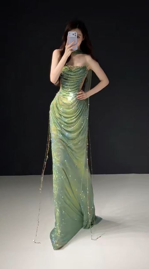 Pretty Green Prom Dress Sheath Tulle Long Evening Dress DP08128