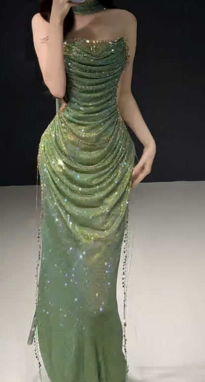 Pretty Green Prom Dress Sheath Tulle Long Evening Dress DP08128