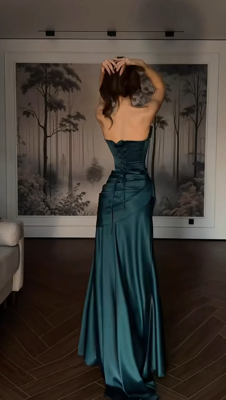 Pretty Dark Teal Prom Dress Sheath Satin Long Evening Dress DP08130