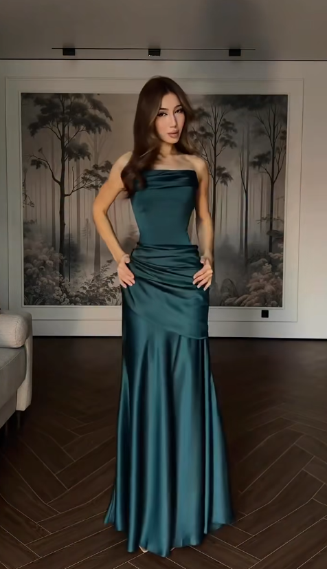 Pretty Dark Teal Prom Dress Sheath Satin Long Evening Dress DP08130