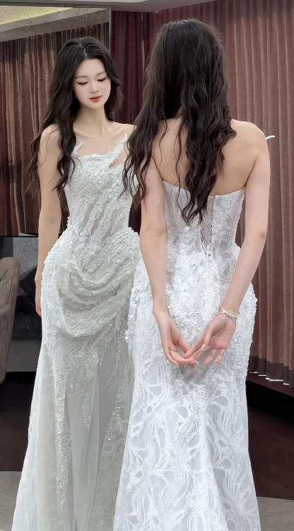 Chic White Wedding Dress Sheath Lace Bridal Gown DP08137