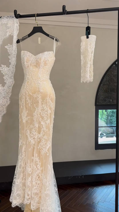 Chic Champagne Wedding Dress Mermaid Lace Bridal Gown DP08139