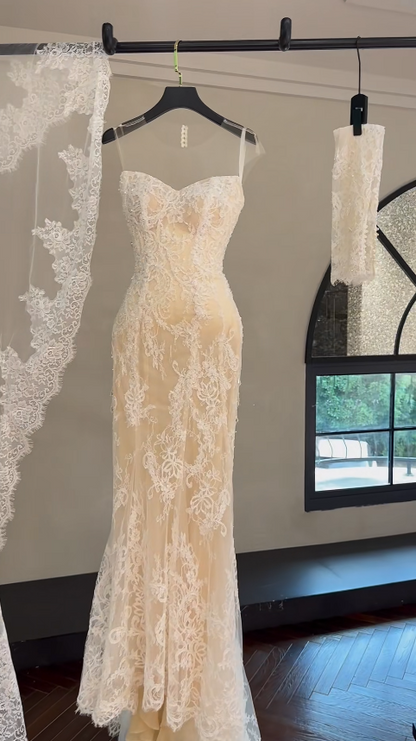 Chic Champagne Wedding Dress Mermaid Lace Bridal Gown DP08139