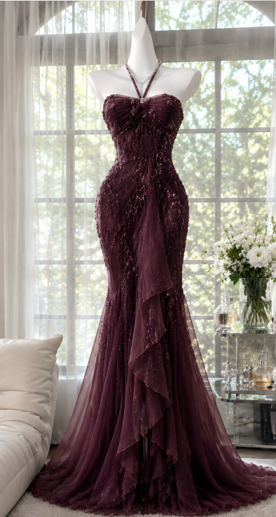 Pretty Sheath Beaded Chiffon Long Evening Dress Grape Prom Dress DP08144