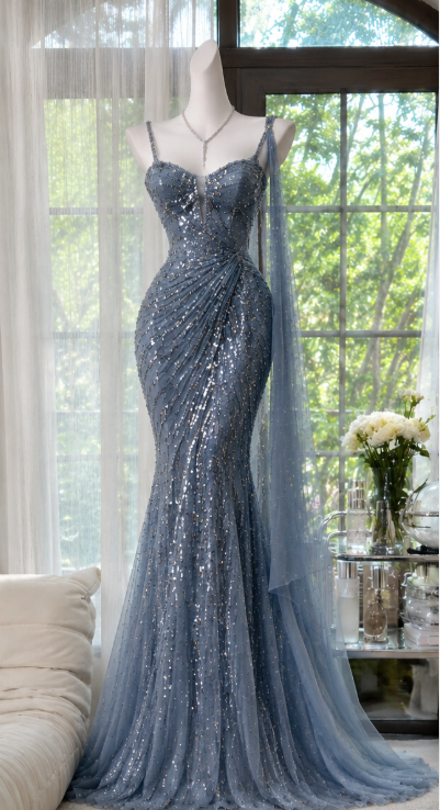 Pretty Sheath Beaded Chiffon Long Evening Dress Blue Prom Dress DP08146