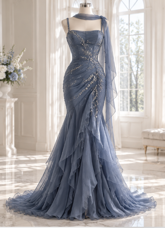 Pretty Sheath Beaded Chiffon Long Evening Dress Dusty Blue Prom Dress DP08148