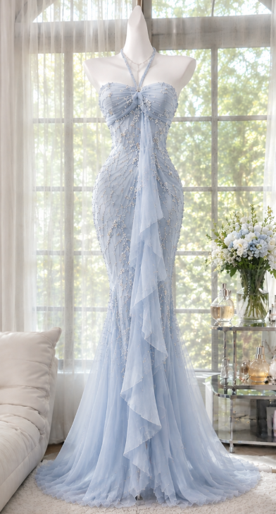 Pretty Sheath Beaded Chiffon Long Evening Dress Light Blue Prom Dress DP08149