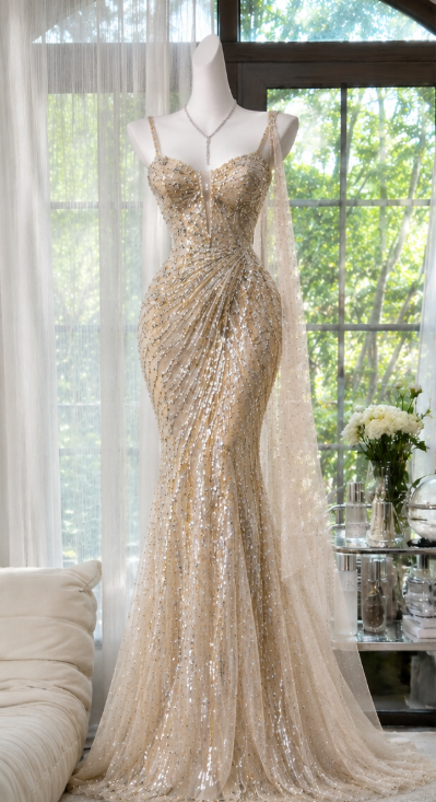 Schönes figurbetontes langes Abendkleid aus Chiffon mit Pailletten, hellgoldenes Ballkleid DP08151