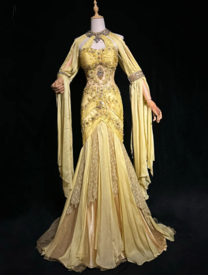 Schönes figurbetontes langes Abendkleid aus Chiffon mit Perlenbesatz, gelbes Ballkleid DP08152