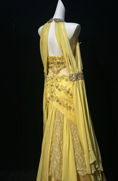Schönes figurbetontes langes Abendkleid aus Chiffon mit Perlenbesatz, gelbes Ballkleid DP08152