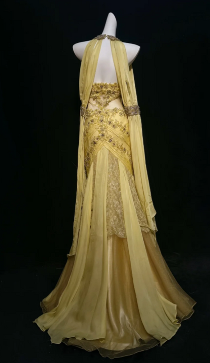 Schönes figurbetontes langes Abendkleid aus Chiffon mit Perlenbesatz, gelbes Ballkleid DP08152