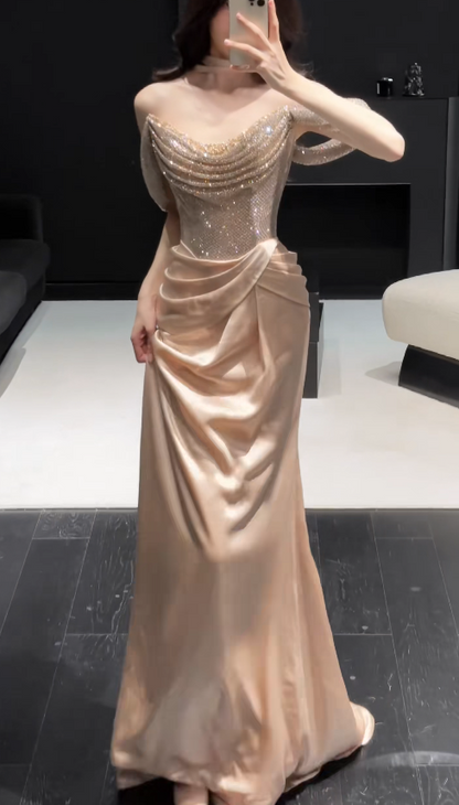 Pretty Sheath Satin Long Evening Dress Champagne Prom Dress DP08153