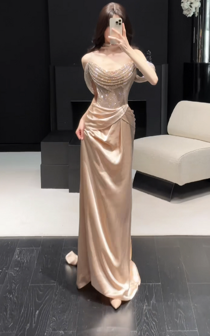 Pretty Sheath Satin Long Evening Dress Champagne Prom Dress DP08153