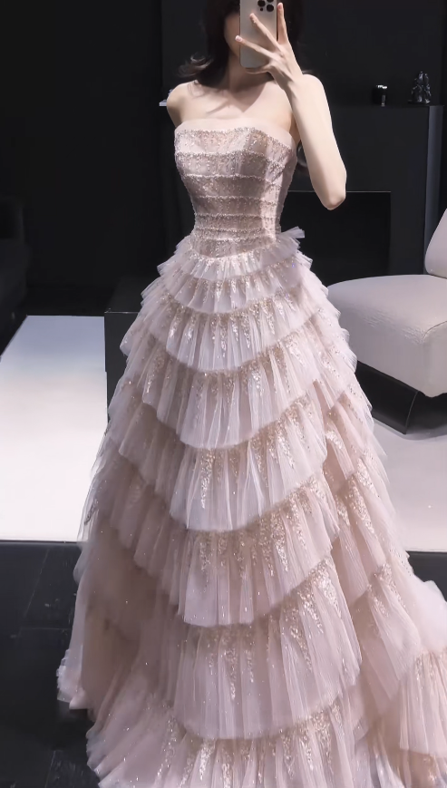 Schönes langes Abendkleid aus Tüll in A-Linie, rosa Ballkleid DP08155