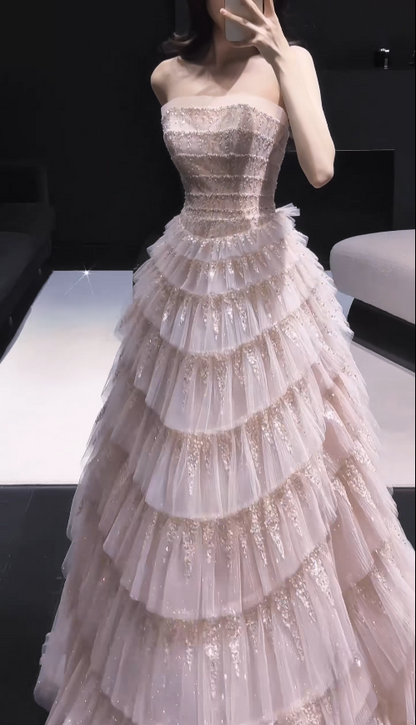 Schönes langes Abendkleid aus Tüll in A-Linie, rosa Ballkleid DP08155