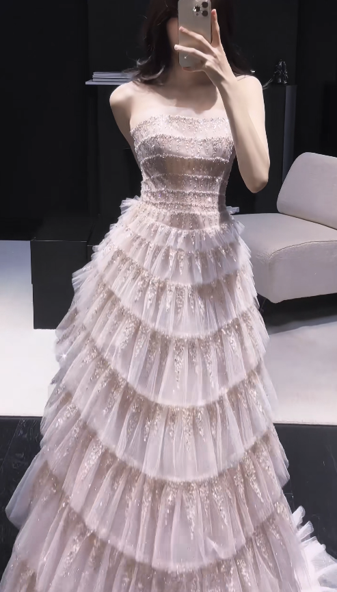 Schönes langes Abendkleid aus Tüll in A-Linie, rosa Ballkleid DP08155