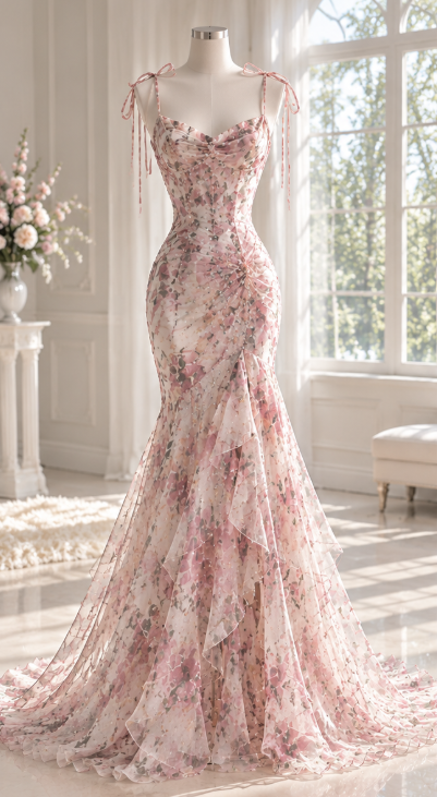 Schönes langes Abendkleid aus Chiffon mit Blumenmuster und Meerjungfrau-Schnitt, rosa Ballkleid DP08157