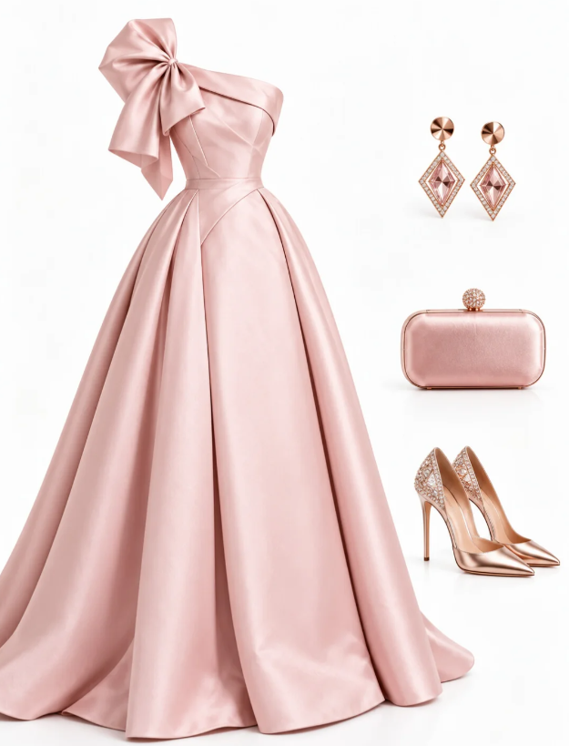 Schönes langes Abendkleid aus Satin in A-Linie, rosa Ballkleid DP08159