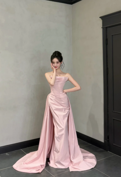 Schönes langes Satin-Etuikleid, rosa Ballkleid DP08160