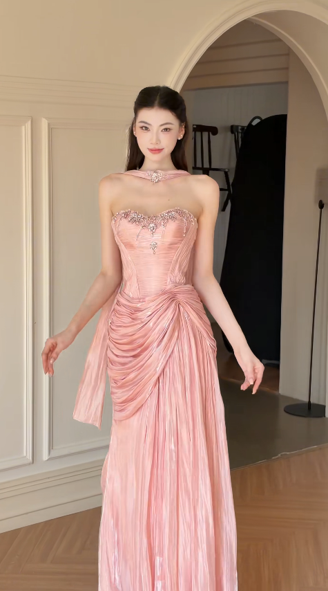 Schönes figurbetontes langes Abendkleid aus Chiffon, rosa Ballkleid DP08161