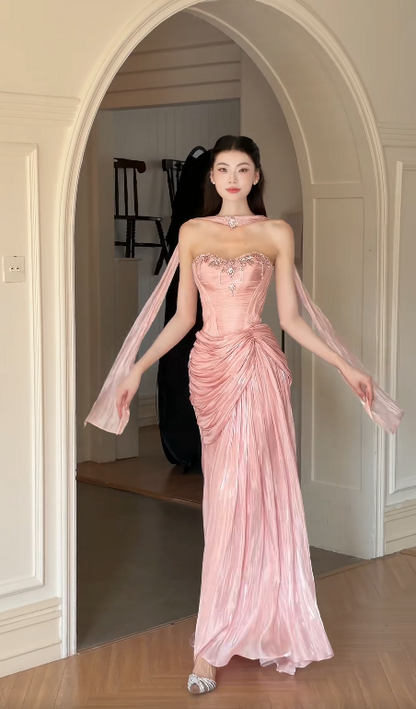 Schönes figurbetontes langes Abendkleid aus Chiffon, rosa Ballkleid DP08161