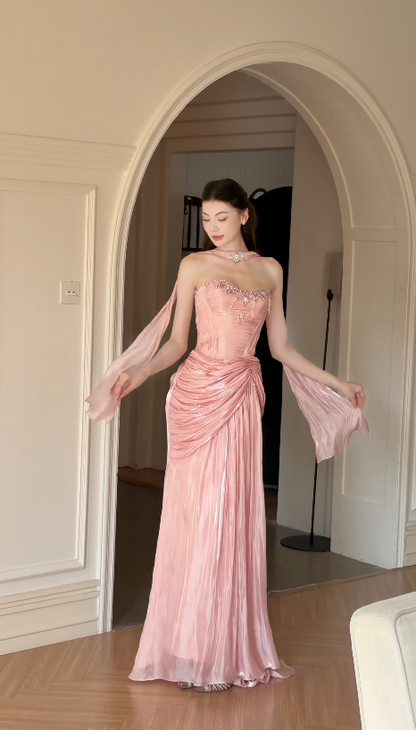 Schönes figurbetontes langes Abendkleid aus Chiffon, rosa Ballkleid DP08161