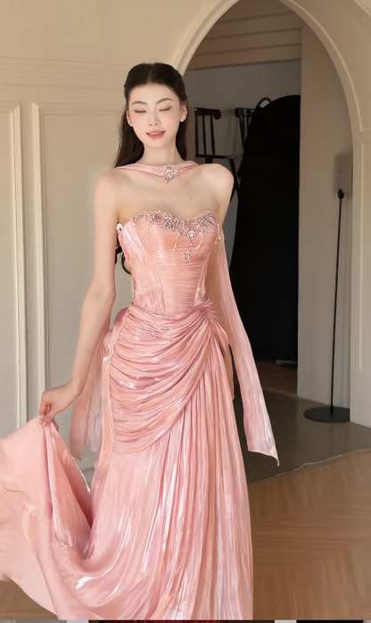 Schönes figurbetontes langes Abendkleid aus Chiffon, rosa Ballkleid DP08161