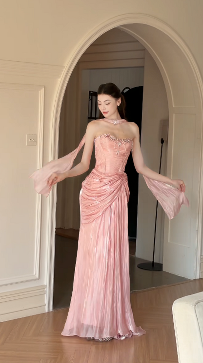Schönes figurbetontes langes Abendkleid aus Chiffon, rosa Ballkleid DP08161