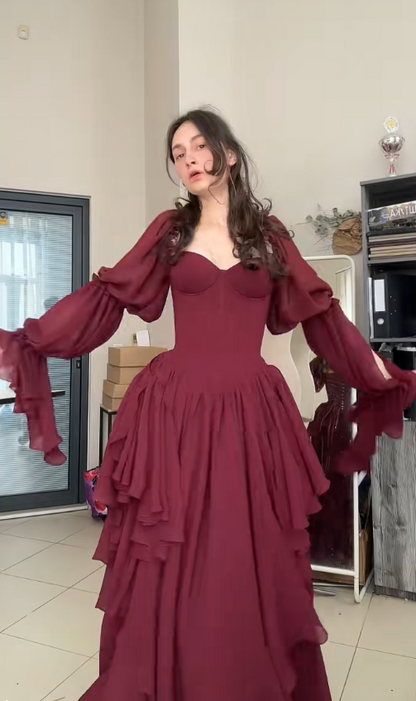 Gorgeous Sheath Chiffon Long Evening Dress Burgundy Prom Dress DP08168