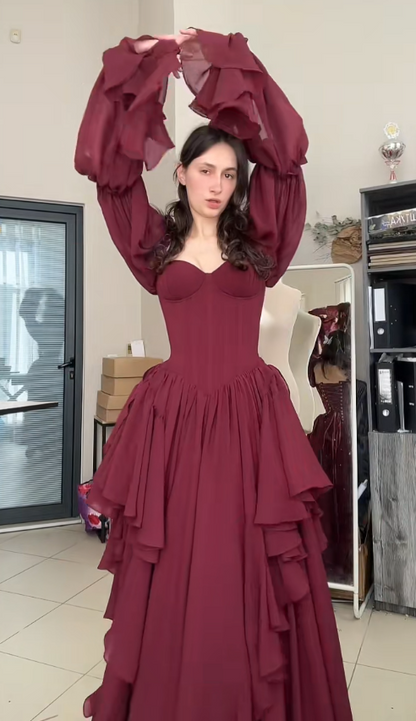 Gorgeous Sheath Chiffon Long Evening Dress Burgundy Prom Dress DP08168