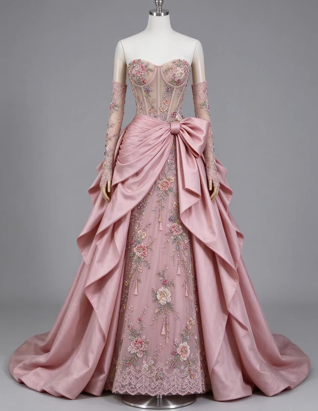 Fairy Sheath Appliques Tulle Long Evening Dress Pink Prom Dress DP08171