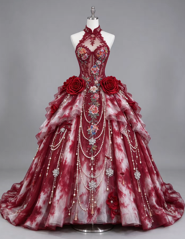 Fairy A-Linien-Applikationen-Tüll-Langes Abendkleid Burgunderrot Ballkleid DP08172