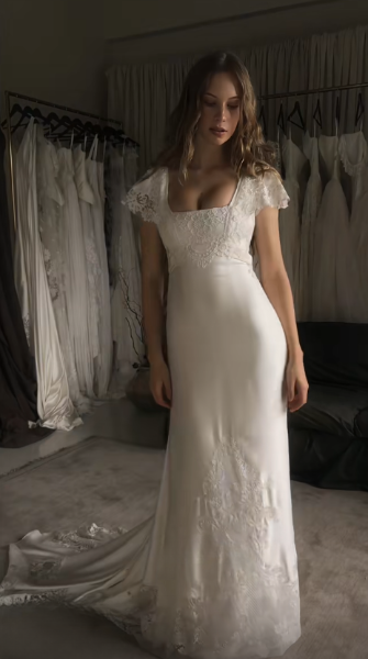 Zeitloses, figurbetontes weißes Brautkleid aus Satin DP08179