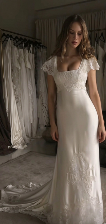 Zeitloses, figurbetontes weißes Brautkleid aus Satin DP08179