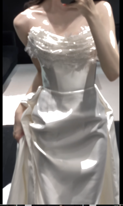 Pretty White Bridal Gown Sheath Satin Long Wedding Dress DP08186